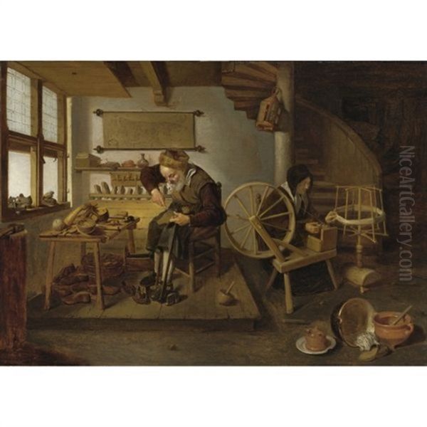 A Cobbler At Work, His Wife Spinning Wool Oil Painting by Quiringh Gerritsz van Brekelenkam