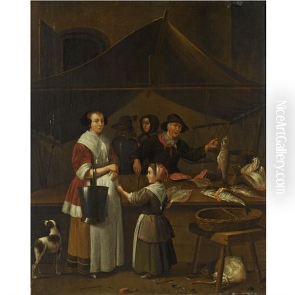 A Woman And A Young Girl Buying Fish At A Market Stall Oil Painting by Quiringh Gerritsz van Brekelenkam