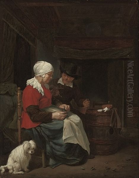 A Couple Seated In An Interior With A Dog Oil Painting by Quiringh Gerritsz van Brekelenkam