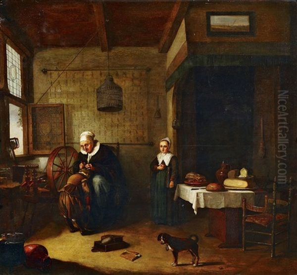 Interieur Mit Einer Alteren Frau, Einen Knaben Lausend Oil Painting by Quiringh Gerritsz van Brekelenkam