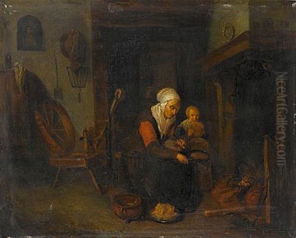 A Kitchen Interior With A Woman And Her Child By A Stove Oil Painting by Quiringh Gerritsz van Brekelenkam