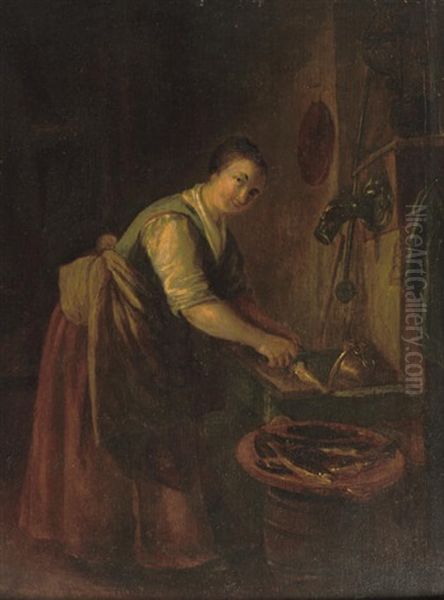 A Peasant Woman Cleaning Fish In An Interior Oil Painting by Quiringh Gerritsz van Brekelenkam