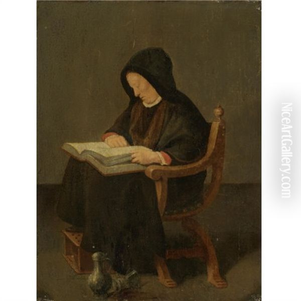 A Seated Woman Reading A Book In An Interior Oil Painting by Quiringh Gerritsz van Brekelenkam