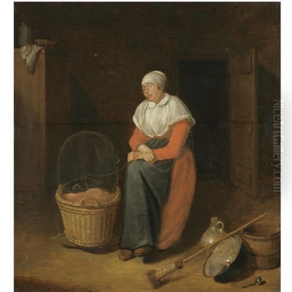 An Interior With A Woman Sitting By A Cradle Oil Painting by Quiringh Gerritsz van Brekelenkam