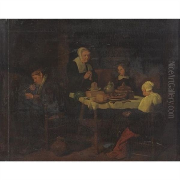 A Family At Prayer In A Kitchen Interior Oil Painting by Quiringh Gerritsz van Brekelenkam