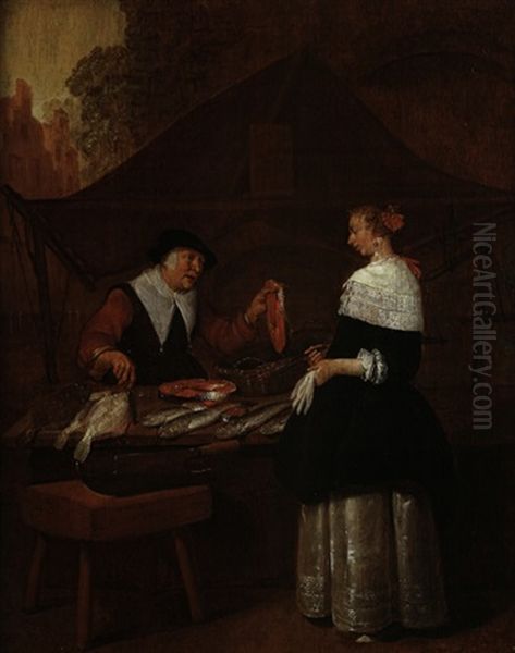 Fischhandlerin Und Kundin Oil Painting by Quiringh Gerritsz van Brekelenkam