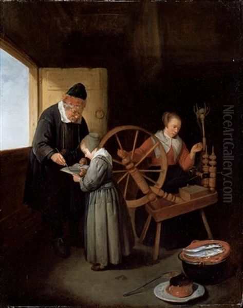 Interior With A School Master Teaching A Young Girl To Read, Another Girl Seated At A Spinning Wheel Oil Painting by Quiringh Gerritsz van Brekelenkam