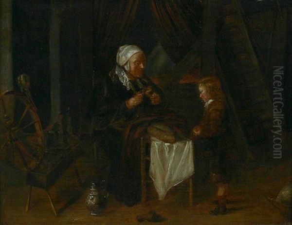 Mutter Schneidet Fur Ihren Sohn Brot In Der Spinnstube Oil Painting by Quiringh Gerritsz van Brekelenkam