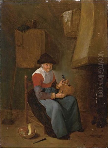 An Old Lady Seated Before A Fire Oil Painting by Quiringh Gerritsz van Brekelenkam