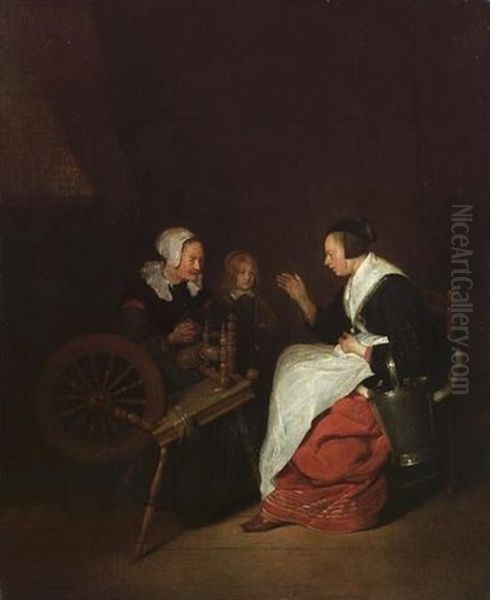 A Cottage Interior With A Woman At A Spinning Wheel With A Young Boy And A Maid Oil Painting by Quiringh Gerritsz van Brekelenkam