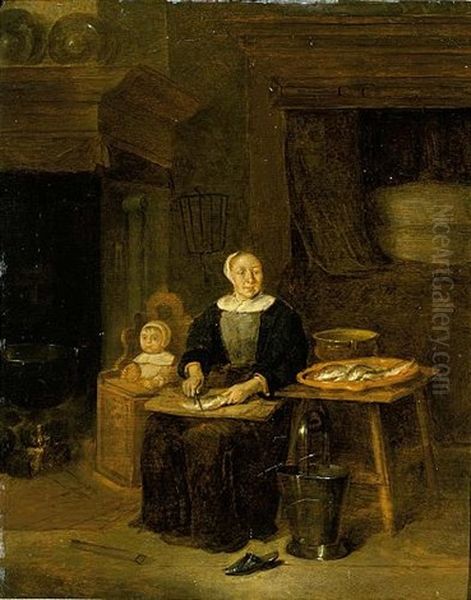 An Interior With A Woman Scaling Fish Together With A Child In A High Chair Near A Fireplace, A Bed In The Background Oil Painting by Quiringh Gerritsz van Brekelenkam