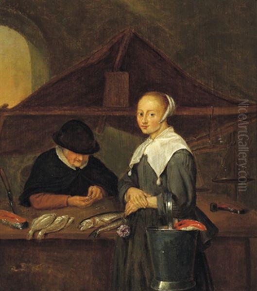 Junge Frau Bei Der Fischandlerin Oil Painting by Quiringh Gerritsz van Brekelenkam