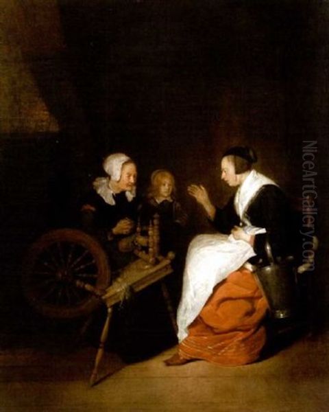 A Cottage Interior With A Woman At A Spinning Wheel With A Young Boy And A Maid Oil Painting by Quiringh Gerritsz van Brekelenkam