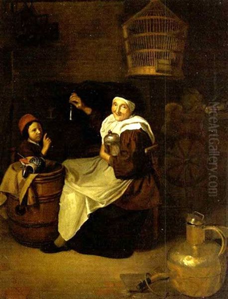 Eine Alte Frau Mit Einem Knaben In Einer Stube, Die Nagelprobe Oil Painting by Quiringh Gerritsz van Brekelenkam