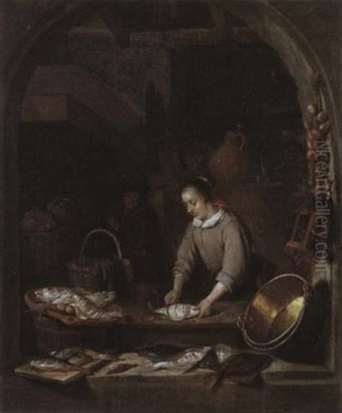 Kucheninterieur Mit Fischschneider Magd Oil Painting by Quiringh Gerritsz van Brekelenkam