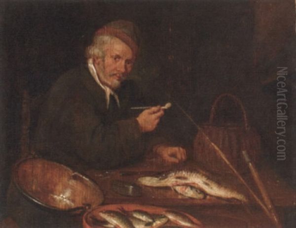 An Angler Smoking A Pipe In An Interior, His Catch On A Table Before Him Oil Painting by Quiringh Gerritsz van Brekelenkam