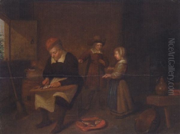 An Interior With A Man Preparing Herrings, A Young Boy And Girl Beyond Oil Painting by Quiringh Gerritsz van Brekelenkam