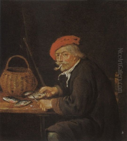 A Man Scaling Fish On A Table Together With A Basket And His Fishing Rod Oil Painting by Quiringh Gerritsz van Brekelenkam