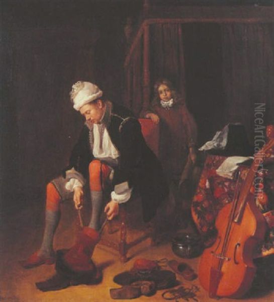 Un Gentilhomme Enfilant Ses Bottes Dans Un Interieur Bourgeois Hollandais Oil Painting by Quiringh Gerritsz van Brekelenkam