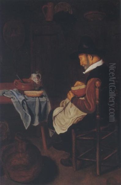 Kitchen Interior With A Man Preparing A Meal Oil Painting by Quiringh Gerritsz van Brekelenkam