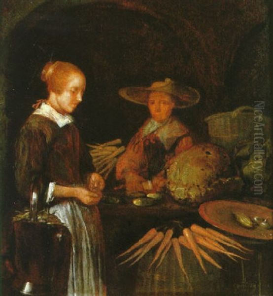 A Maid At A Vegetable Stall Counting Her Money Oil Painting by Quiringh Gerritsz van Brekelenkam