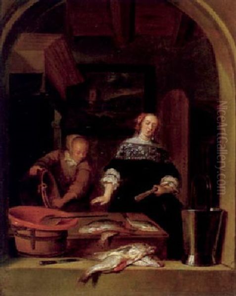 Eine Hausfrau Mit Ihrer Magd In Der Kuche Oil Painting by Quiringh Gerritsz van Brekelenkam