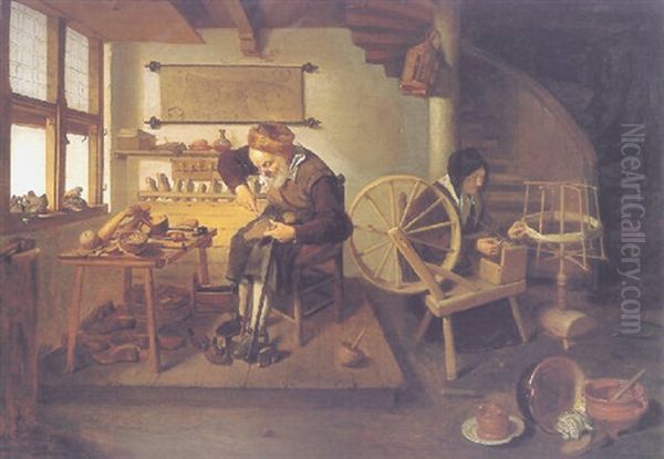 A Cobbler At Work, His Wife Spinning Wool Oil Painting by Quiringh Gerritsz van Brekelenkam