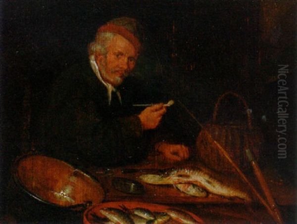 A Fishmonger Smoking A Pipe At A Fishstall Oil Painting by Quiringh Gerritsz van Brekelenkam