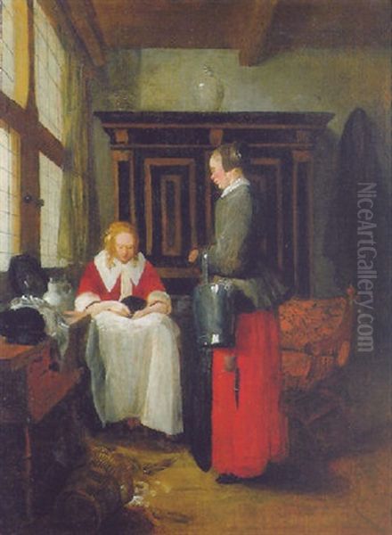 A Seamstress Seated By A Window In An Interior, Watched By A Lady Standing Nearby Oil Painting by Quiringh Gerritsz van Brekelenkam