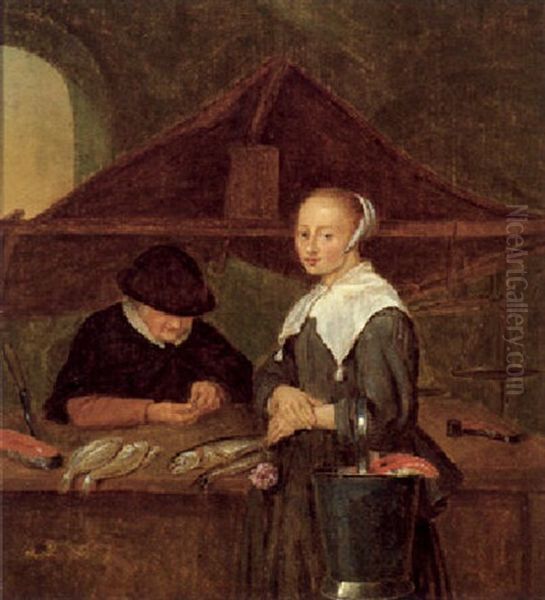 Junge Magd Bei Der Fischhandlerin Oil Painting by Quiringh Gerritsz van Brekelenkam