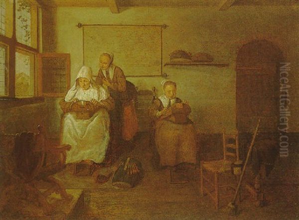 An Interior With A Woman And Two Young Girls Making Lace Oil Painting by Quiringh Gerritsz van Brekelenkam