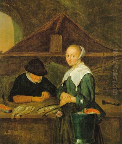 Junge Magd Bei Der Fischhandlerin Oil Painting by Quiringh Gerritsz van Brekelenkam