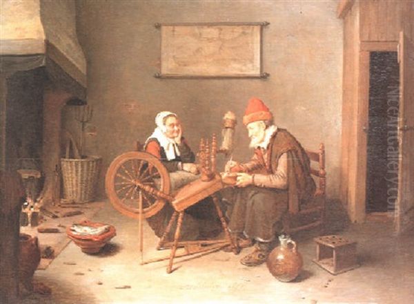 Interior With An Old Woman Seated At A Spinning Wheel Oil Painting by Quiringh Gerritsz van Brekelenkam