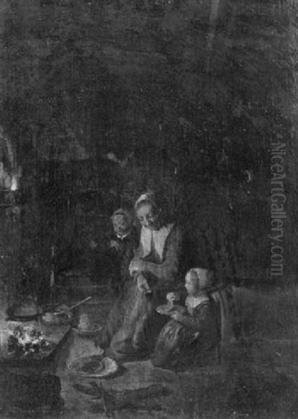 A Mother Seated With Her Children By A Fireplace In A Kitchen Oil Painting by Quiringh Gerritsz van Brekelenkam