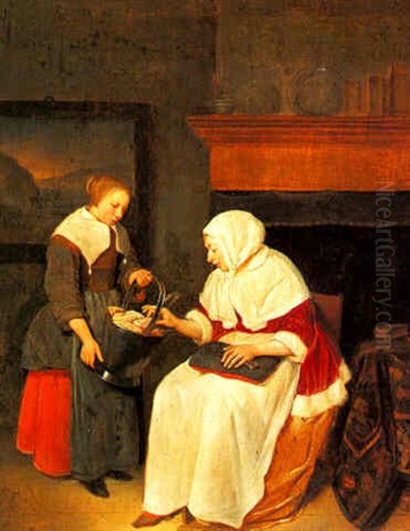 A Lady With Her Maid In An Interior Oil Painting by Quiringh Gerritsz van Brekelenkam