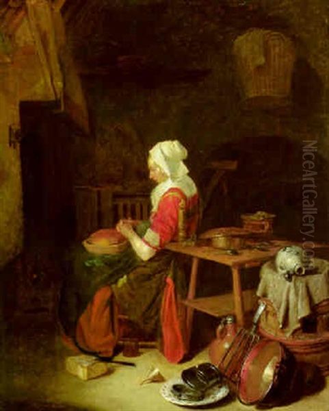 A Maidservant Seated By The Fireplace In A Kitchen Oil Painting by Quiringh Gerritsz van Brekelenkam