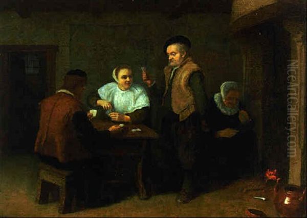 Peasants Playing Cards In An Interior Oil Painting by Quiringh Gerritsz van Brekelenkam