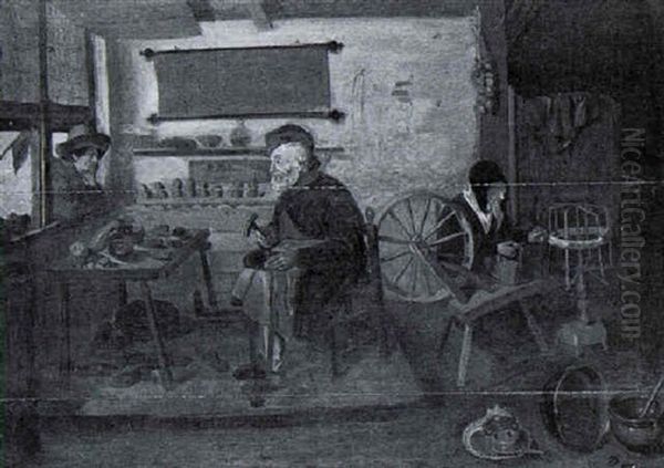 A Shoemaker At Work With An Old Woman At A Spinning Wheel And A Man Leaning Through A Window Nearby by Quiringh Gerritsz van Brekelenkam