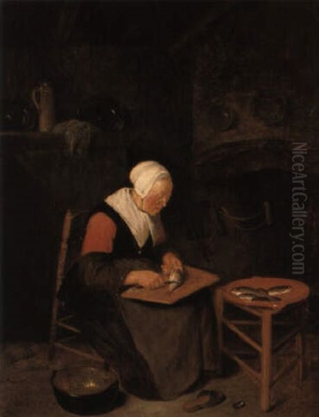 An Interior With An Old Woman Scaling Fish Oil Painting by Quiringh Gerritsz van Brekelenkam