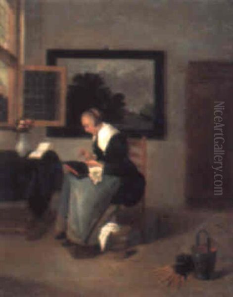 A Lady Sewing In An Interior Oil Painting by Quiringh Gerritsz van Brekelenkam