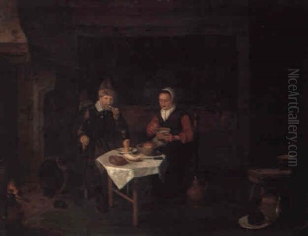 An Elderly Couple At A Table In An Interior Oil Painting by Quiringh Gerritsz van Brekelenkam