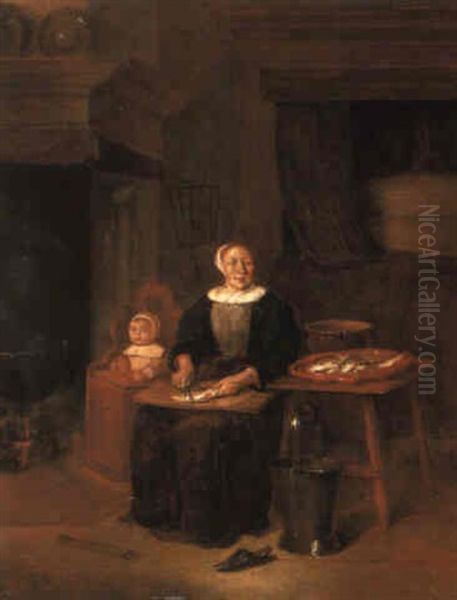 A Woman Preparing Fish By A Fire Oil Painting by Quiringh Gerritsz van Brekelenkam