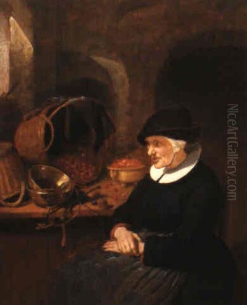 An Elderly Woman Seated Beside A Table With A Basket Of Cherries Oil Painting by Quiringh Gerritsz van Brekelenkam