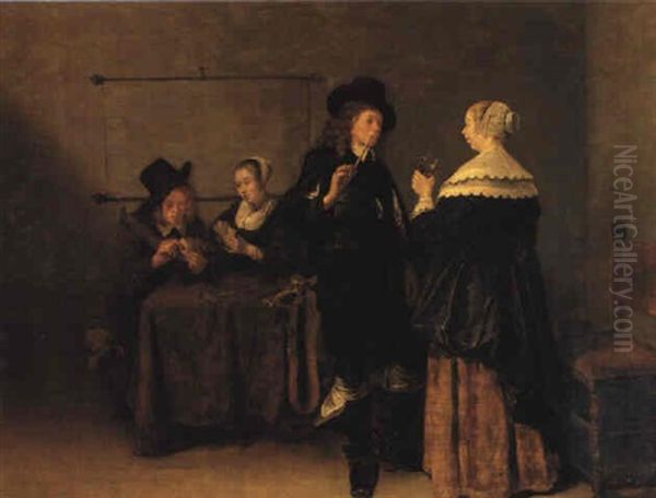 Two Elegant Couples In An Interior Oil Painting by Quiringh Gerritsz van Brekelenkam