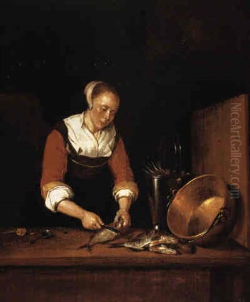 Kuchenmagd Beim Abschuppen Von Fischen Oil Painting by Quiringh Gerritsz van Brekelenkam