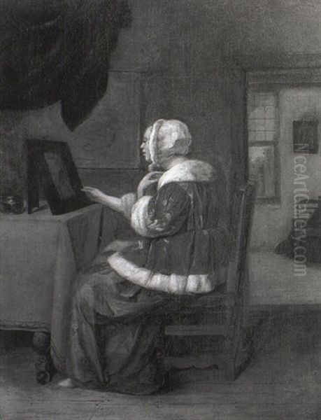 A Lady Seated In An Interior Observing Herself In A Mirror Oil Painting by Quiringh Gerritsz van Brekelenkam