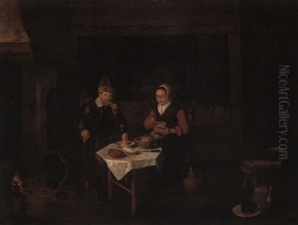 Elderly Couple At A Table In An Interior Oil Painting by Quiringh Gerritsz van Brekelenkam