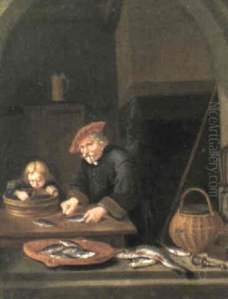 Interior With Figures Filleting Fish Oil Painting by Quiringh Gerritsz van Brekelenkam