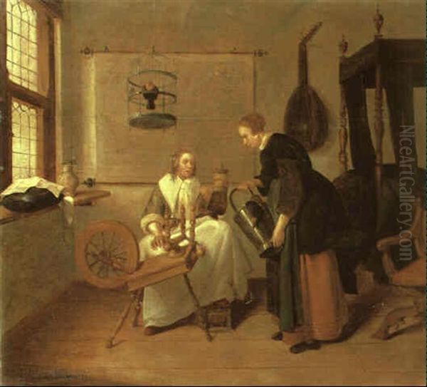 Interior With A Young Woman At A Spinning Wheel And A Pail Of Fowl by Quiringh Gerritsz van Brekelenkam