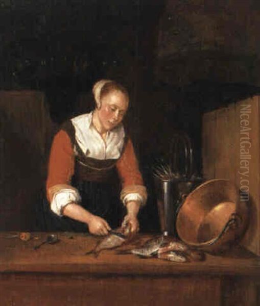 Frau Beim Fischfiletieren Oil Painting by Quiringh Gerritsz van Brekelenkam